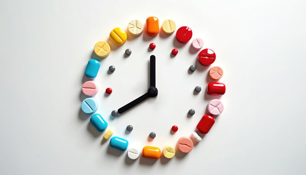 Medicine clock made with colorful pills capsules and tablets. Time for medication concept on white background. Healthcare health care health care concept for time.