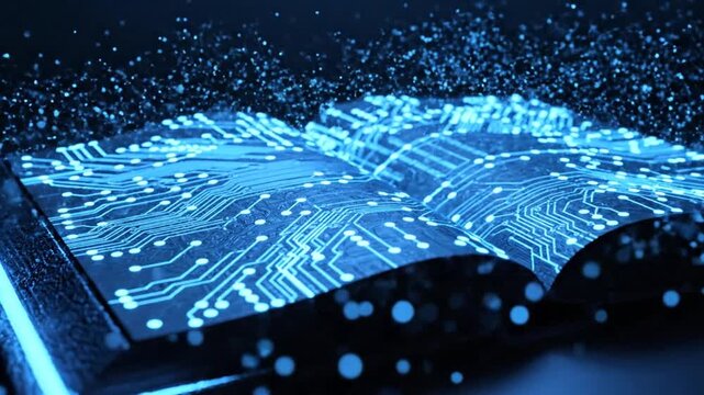 An open book featuring glowing blue circuit board pages with intricate electronic pathways and light trails, set against a dark background representing digital knowledge and innovation.