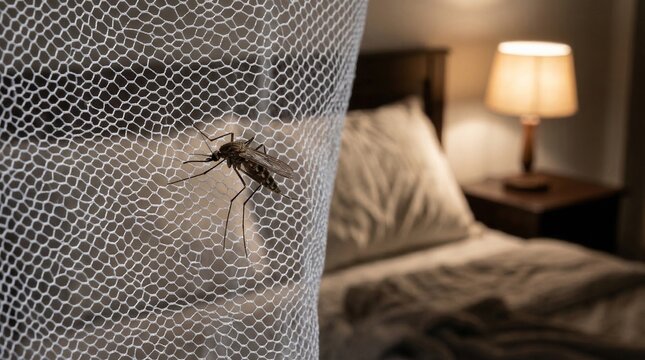A close-up of a mosquito in bedroom at night resting on a protective net, an image for home safety blogs.