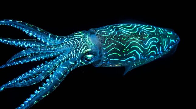 Glowing blue squid with intricate bioluminescent patterns on body and tentacles