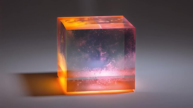 A luminous, multi-colored cube glows from within, showcasing a gradient of colors including yellow, orange, red, purple, and blue. Its interior is detailed