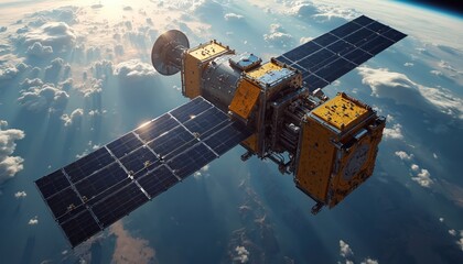 Fototapeta premium Satellite in orbit above Earth. Spacecraft with solar panels navigates atmosphere. Technology monitors planet surface. Global communication system. Science mission. Outer space vehicle. Earth