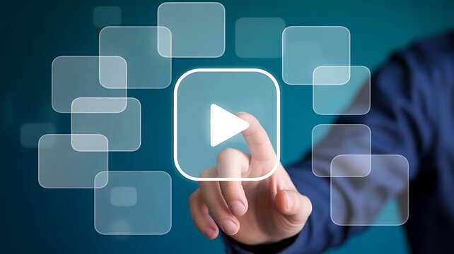 Hand interacting with play button icon on blue background