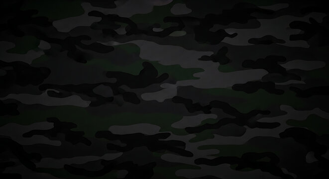 Abstract dark black camouflage texture background featuring subtle grey military pattern and deep charcoal tones with rugged industrial aesthetic for tactical apparel or modern graphic design.