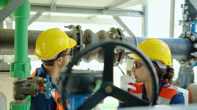 Professional male and female engineers in safety gear inspect industrial pipes and valves at a plant while using a walkie-talkie for effective communication and maintenance coordination tasks.