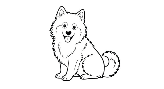 Adorable cartoon coloring page outline drawing featuring a fluffy happy dog breed sitting patiently with its tongue hanging out awaiting artistic color