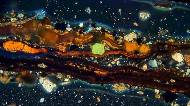 Microscopic view of a rock sample with gold and mineral deposits