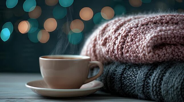 A warm and inviting scene features a steaming cup of coffee next to a stack of soft knitted blankets. Colorful bokeh adds ambiance