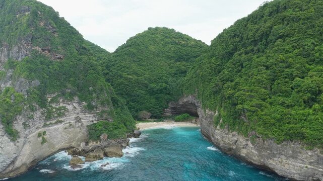 Aerial view of hidden sunfish beach in nusa penida bali