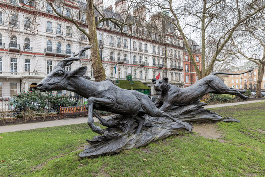 Sculpture in Grosvenor Gardens named The Lioness and Lesser Kudu by Jonathan Kenworthy, London