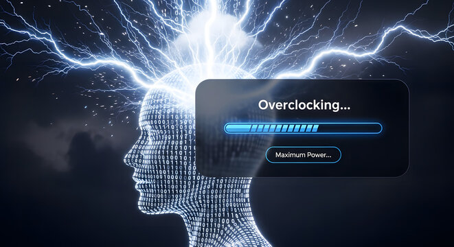 Digital human head with glowing brain and lightning, displaying 'Overclocking...' progress bar for maximum power