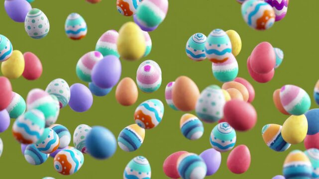 Looping video of decorated Easter eggs falling in slow motion on green background, festive spring holiday concept with colorful patterns and playful seasonal 3D animation