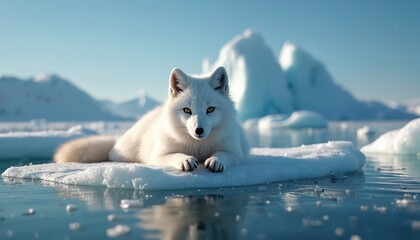 Fototapeta premium White arctic fox lies on ice floe. Animal looks forward against background of iceberg and clear sky. Fox fur is white, eyes are yellow. Calm water surface reflects light.