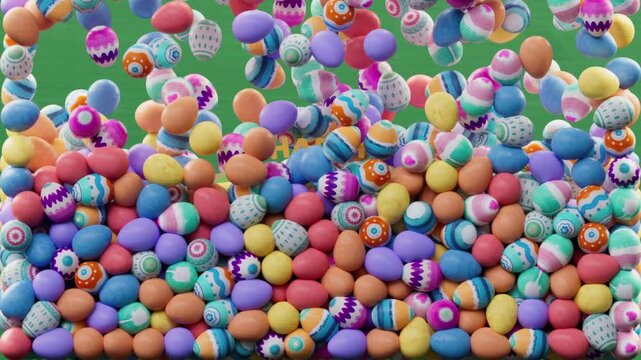 Happy Easter looping video greeting with colorful decorated eggs falling and filling the screen on green background, festive spring holiday concept with playful design in 3D animation