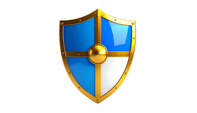 Golden framed shield with blue and white quadrants rendering on dark backdrop