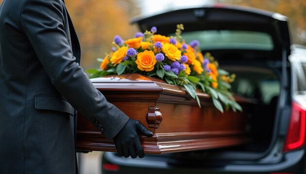 A pallbearer in a suit carries a flower topped casket into a car. A funeral procession transports the deceased. Flowers adorn the coffin for burial.