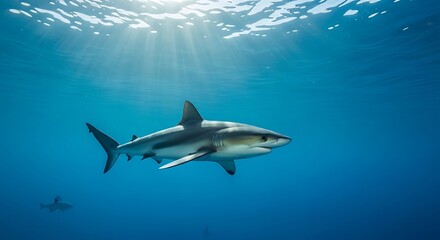 Fototapeta premium A great white shark swimming underwater in the blue ocean surrounded by coral reef and marine life
