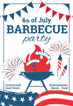 4th of July barbecue party poster or flyer template. Summer barbecue picnic invitation. BBQ vector illustration with sausages, food, national decorative elements for celebration.