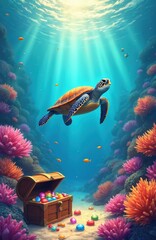 Fototapeta premium Sea turtle swims near open treasure chest filled with colorful gems on ocean floor in vibrant coral reef. Sun rays shine through clear blue water illuminating aquatic life. Small fish swim around.