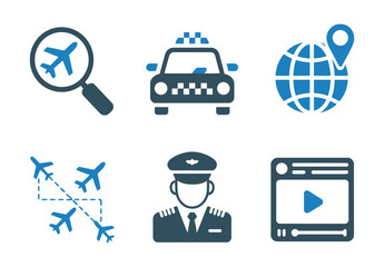 Collection of vector icons representing travel, aviation, and global communication services © Shil