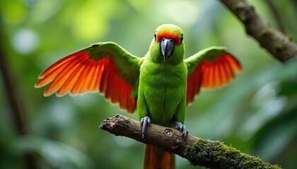 Obraz premium Green parrot with bright red wings sits on mossy tree branch. Exotic tropical bird displays vibrant plumage. Wildlife fauna in rich jungle foliage. Detailed avian portrait.
