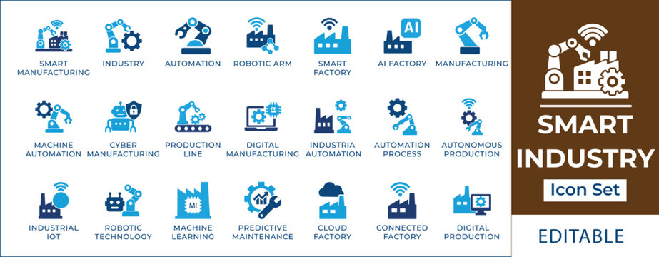 Smart industry icon set featuring industrial automation, robotic arm, smart manufacturing, industrial IOT, AI factory, digital production line, and predictive maintenance symbols.