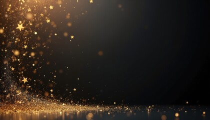 Fototapeta premium Golden glitter sparkles and stars descend on a dark background. This luxurious abstract effect creates a festive mood. Perfect for celebrations and premium brands.