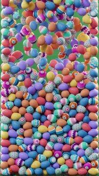 Happy Easter looping video greeting with colorful painted eggs falling and filling the screen on green wood background, festive spring holiday concept with playful design in 3D animation