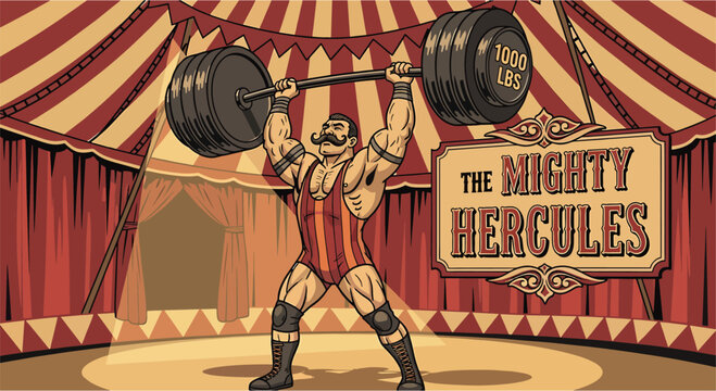 Circus strongman lifting heavy barbell, vintage circus style vector