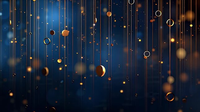 An abstract, elegant image with gold circular elements suspended on thin vertical lines against a deep blue background. Sparks also shine