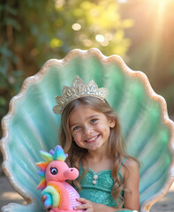 Naklejka premium Smiling girl in mermaid costume sits in giant shell with plush seahorse toy. Child wears sparkly crown and green dress. Fantasy, playful, ocean theme, childhood joy, imagination.