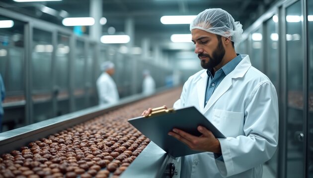 Man in hairnet and white coat checks chocolate candies moving on production line. Worker with clipboard inspects sweets in factory. Food manufacturing plant.