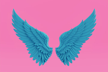 Fototapeta premium Freedom And Spiritual Symbol Concept. Blue Angel Wings In Symmetrical Composition On Pink Background. 3D Rendering