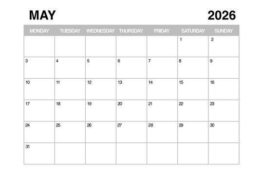 May 2026 Monthly Calendar Planner Template. 3d Rendering