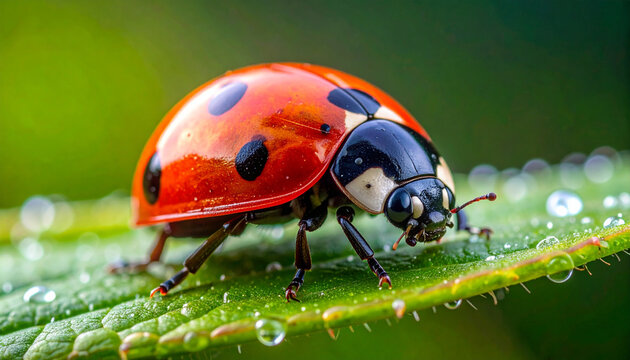 Close up of a ladybug on a green leaf with water droplets detail
