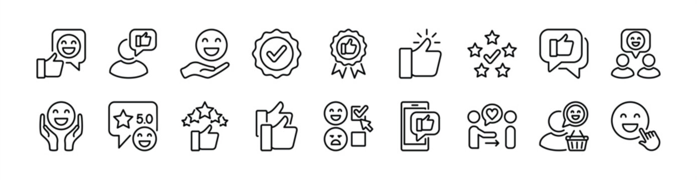 Positive, good rating review feedback, satisfaction, experience icon set. Contains happy customer, thumbs up, give five stars, checkmark badge, choice, approval for social media - vector illustration