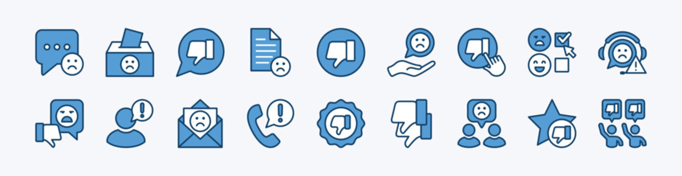 Set of customer complaint icon. Contains thumbs down, bad feedback, sad face, negative review, dislike, unhappy service, disappointment report, unsatisfied, ballot box  - vector illustration