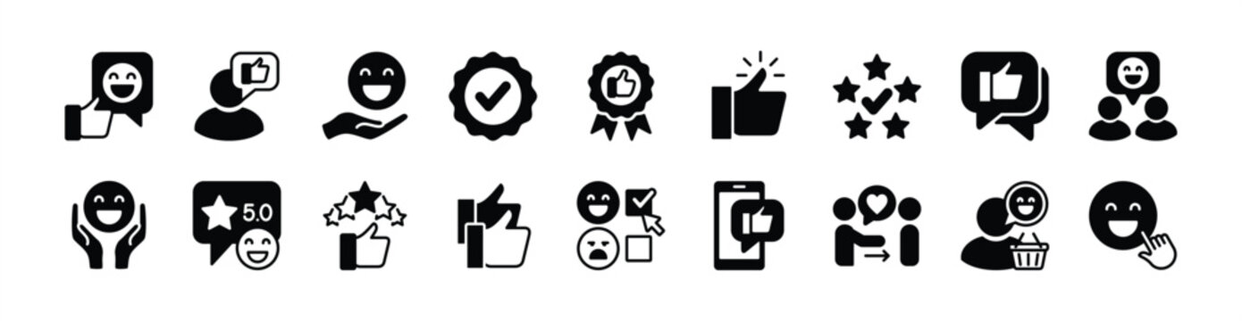 Positive, good rating review feedback, satisfaction, experience icon vector set. Contains happy customer, thumbs up, give five stars, checkmark badge, choice, approval for social media - illustration