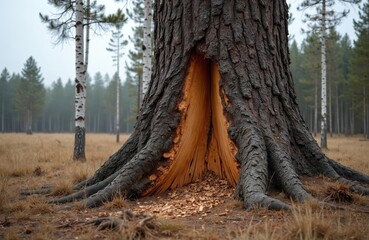 Obraz premium Tree trunk shows damage from gnawing animal. Wood chips trash ground around roots. Forest and dry grass surround the damaged tree trunk. Damaged bark reveals inner wood texture.