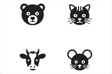 Fototapeta premium Minimalist animal heads bear cat cow and mouse icons in black