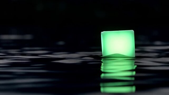 Glowing blue cube floating on water with ripples at night, mysterious object in darkness