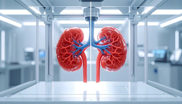 Medical diagram of 3D bioprinting technology for complex vascular organs with split view of data and physical printing