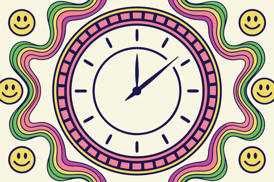 Smiley clock with rainbow border on beige background smiley faces