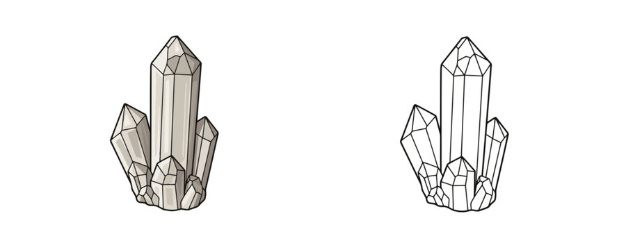 Calcite crystal cluster vector illustrations shown in colored cartoon and black outline linear styles, white, light grey and pale beige translucent tones, representing natural mineral points on white 
