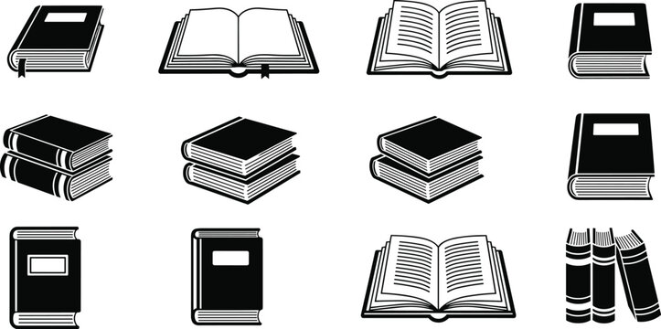 Book and literature icon set featuring open and closed books, textbooks, reading materials and education knowledge vector collection