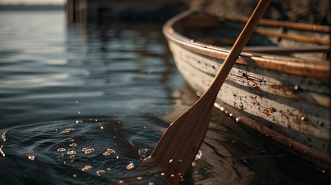 A close-up view of a boat in serene waters, with a wooden oar dipping into the water, creating ripples and drops. The boat shows weathered textures