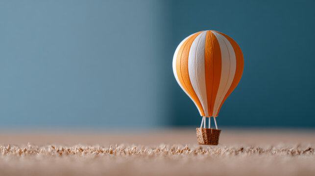 Miniature orange and white striped hot air balloon model standing on textured surface with blue background