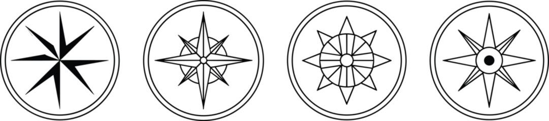 Fototapeta premium Compass Rose Icons Set Navigation Wind Rose Direction Symbol Vintage Vector Illustration Collection