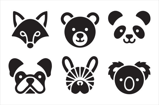 Minimalist black silhouettes of various adorable animal faces arranged neatly