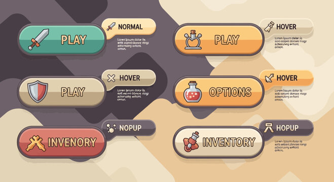 Collection of Game Buttons with Hover Effects for UI Design.